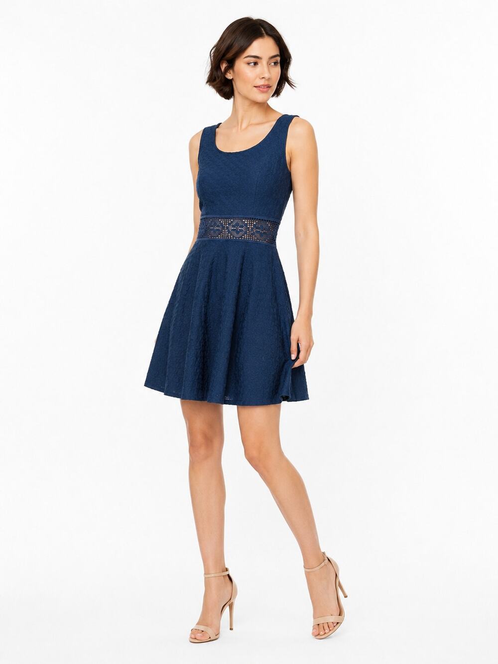 LR4410 American Rag Cie Blue Textured Fit Flare Dress S Sleeveless Lace Waist